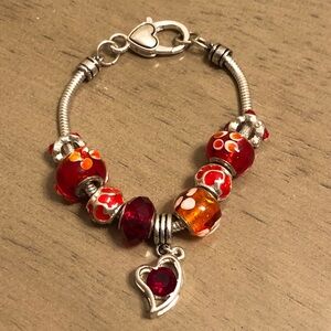 Jewelry - Red, Orange, and Silver Tone Beaded Charm Bracelet